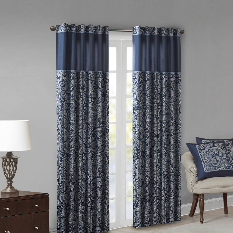 Navy Faux Silk Paisley Jacquard Curtain Panel Pair