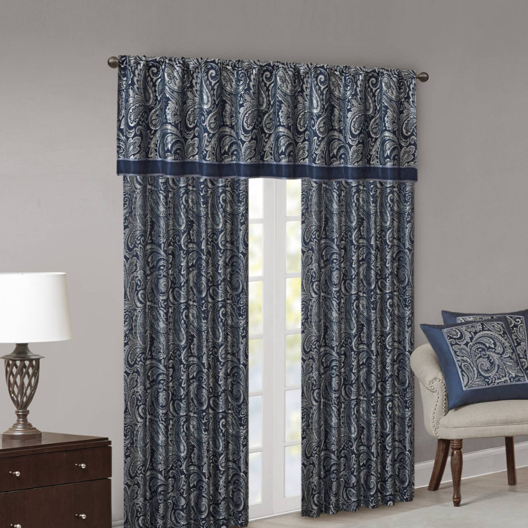 Navy Faux Silk Paisley Jacquard Curtain Panel Pair