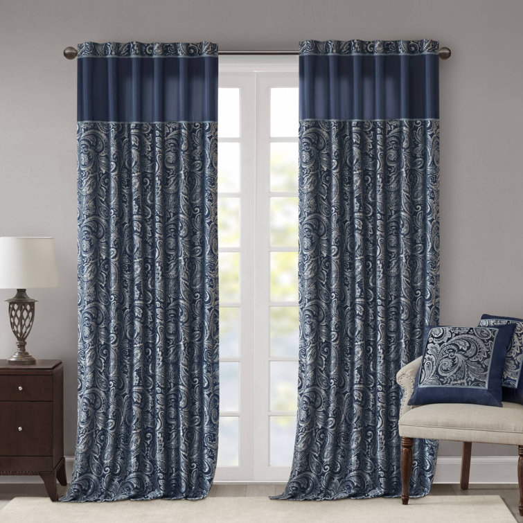 Navy Faux Silk Paisley Jacquard Light-Filtering Drapes, 50"x84"