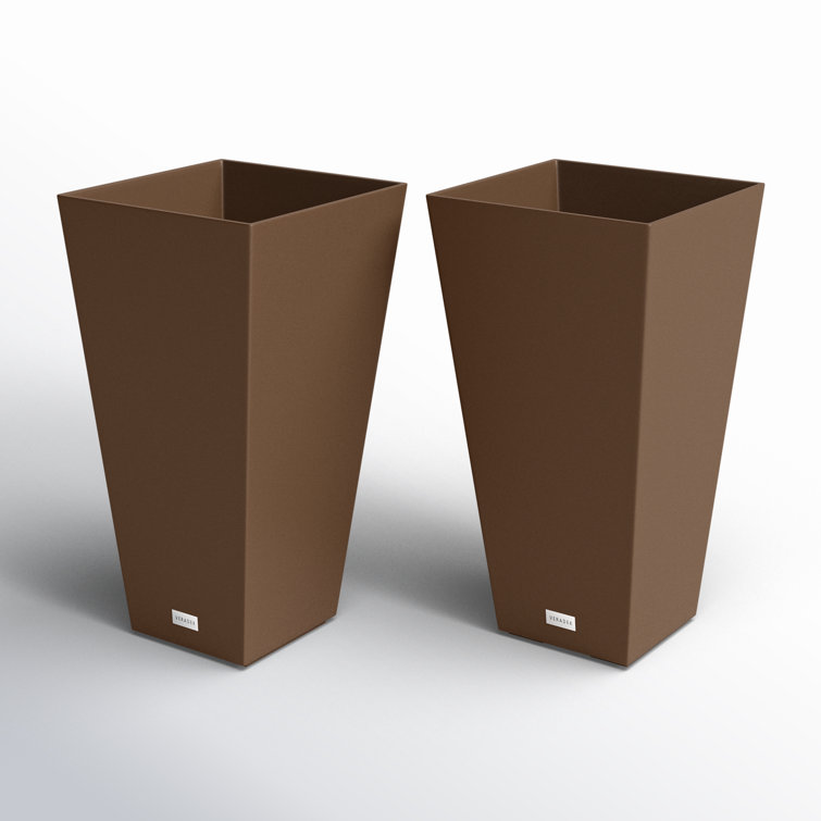 Espresso Brown 26" Modern Square Tapered Plastic Planter 2-Pack
