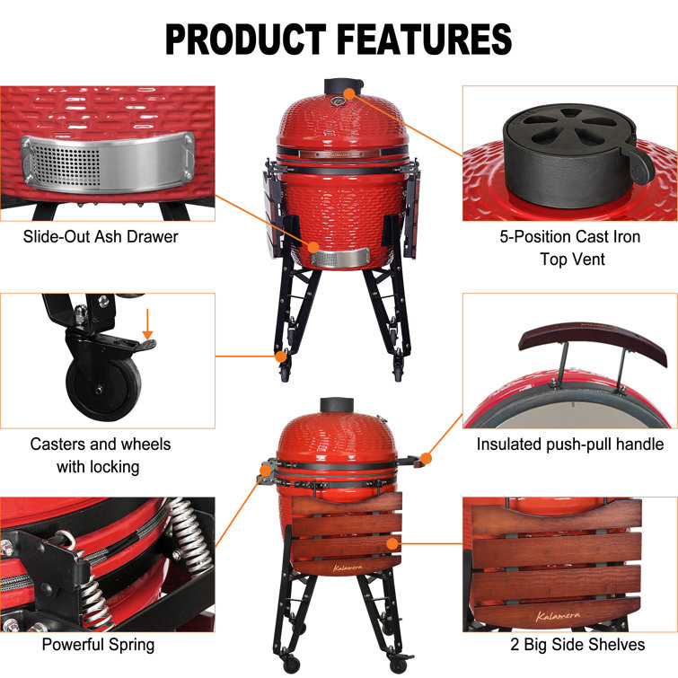Kalamera 18'' Red Ceramic Kamado Charcoal Grill with Folding Shelves