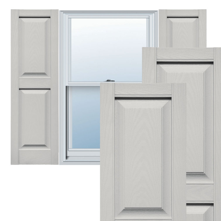 Gray Raised Panel Vinyl Shutters with Paintable Finish, 14.75"W x 71"H