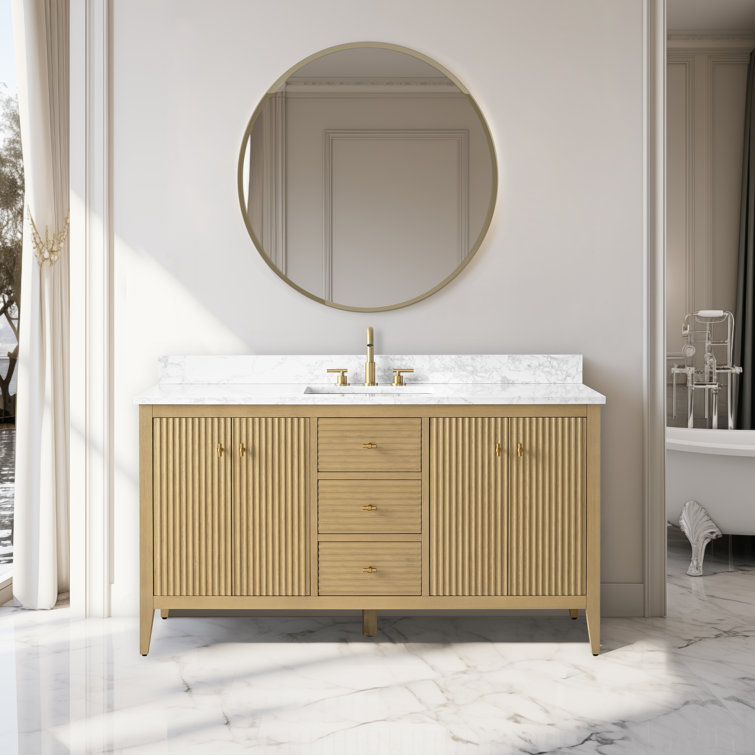 60'' Natural Oak Freestanding Bathroom Vanity with Engineered Marble Top