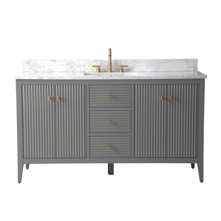60" Linear Gray Freestanding Bathroom Vanity with Gold Hardware and Marble Top