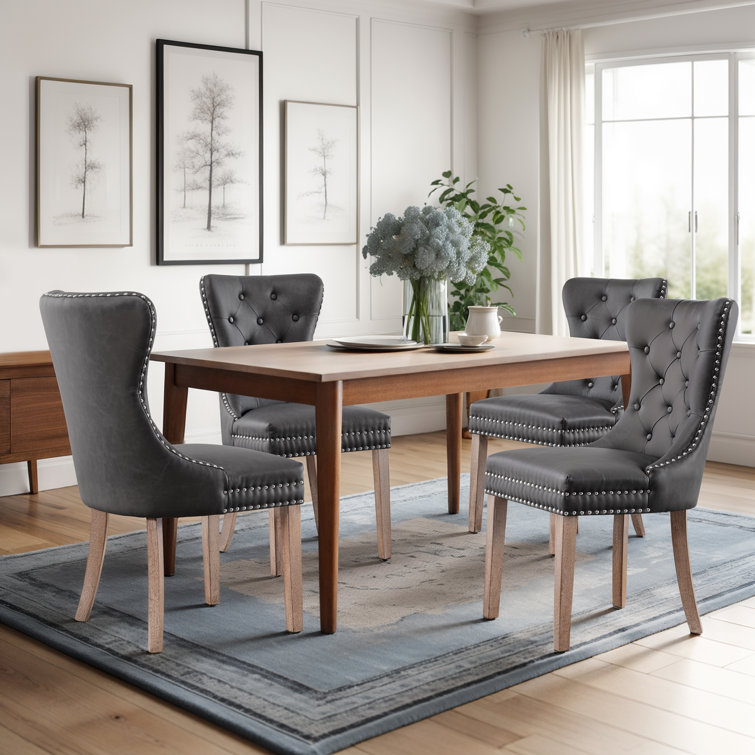 Gray Tufted Faux Leather Dining Chairs with Wood Legs, Set of 4