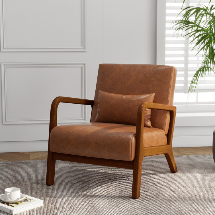 Light Brown Faux Leather and Wood Accent Chair Set