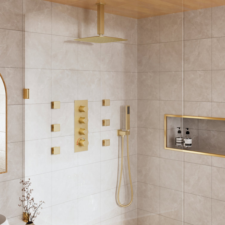 Brushed Gold 12" Stainless Steel Ceiling Mounted Shower System with 6 Body Jets