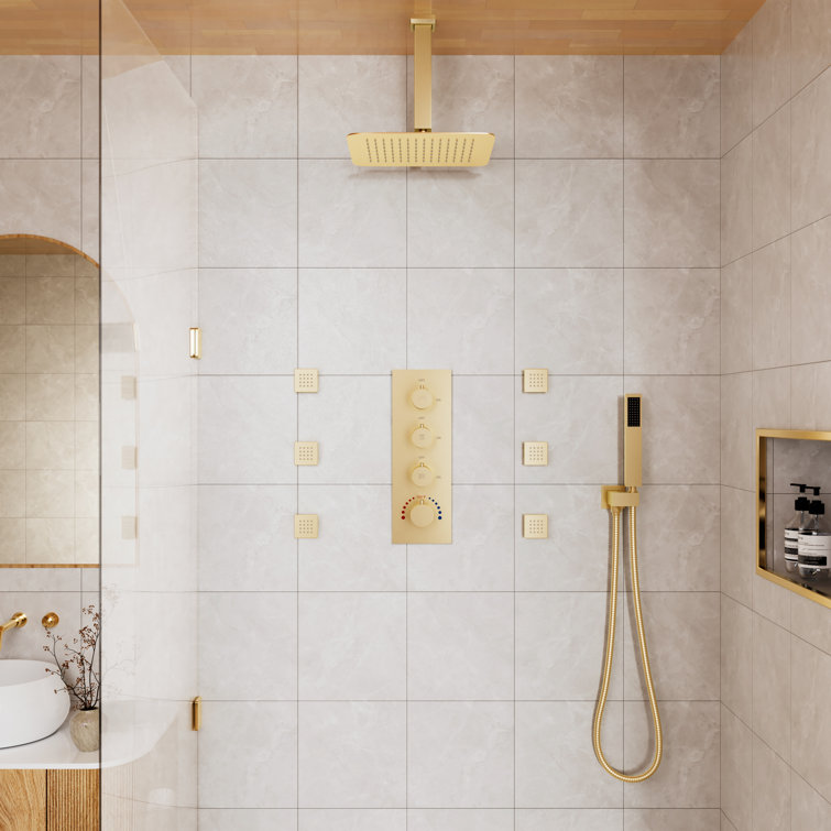 Brushed Gold 12" Stainless Steel Ceiling Mounted Shower System with 6 Body Jets