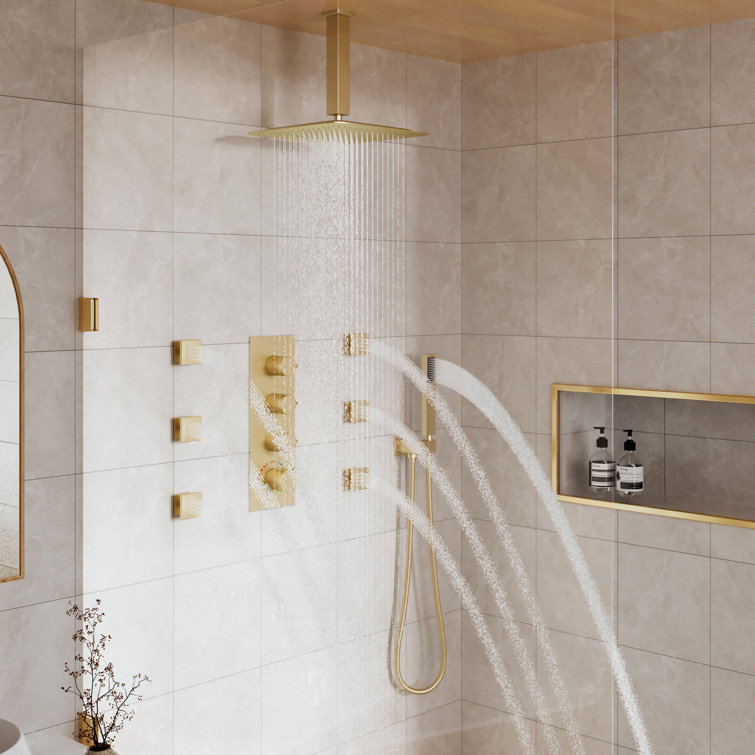Brushed Gold 12" Stainless Steel Ceiling Mounted Shower System with 6 Body Jets