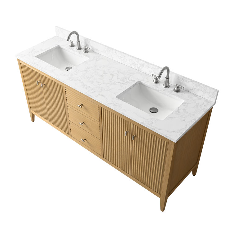 72" Natural Oak Double Sink Vanity with Marble Top