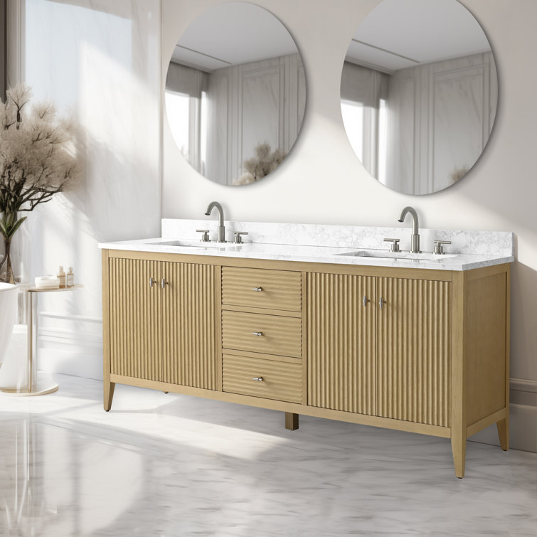72" Natural Oak Double Sink Vanity with Marble Top