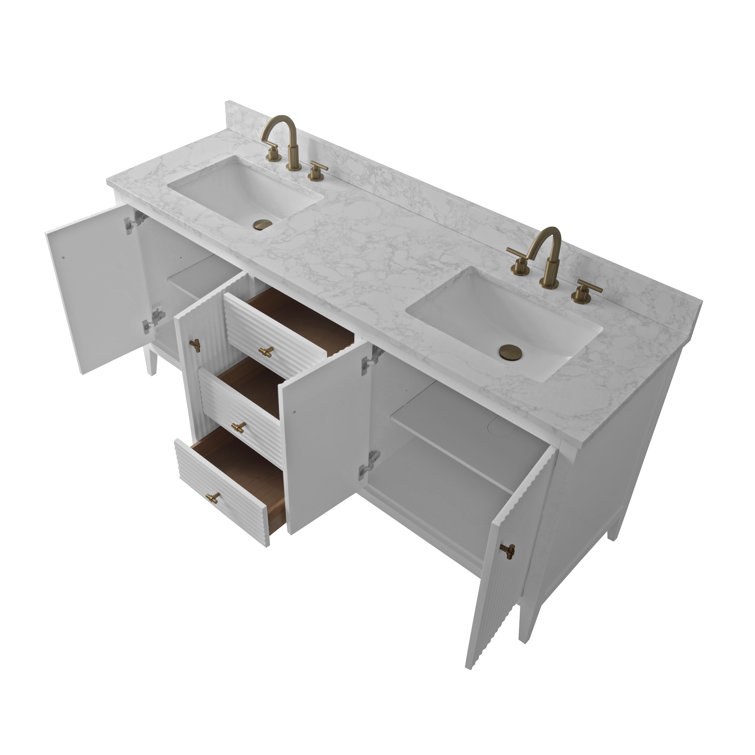 72" Linear White Double Sink Vanity with Golden Brushed Hardware