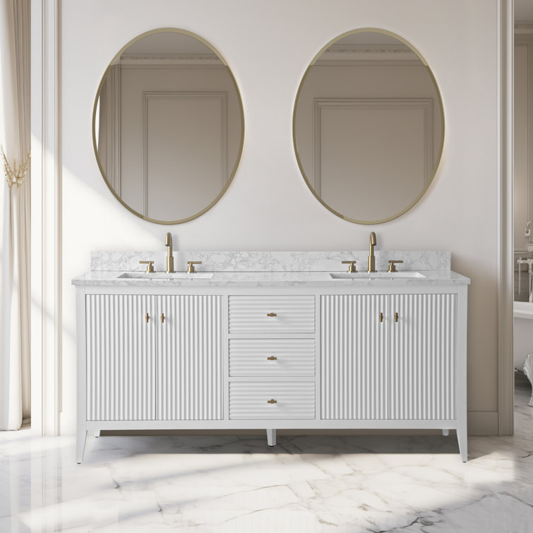 72" Linear White Double Sink Vanity with Golden Brushed Hardware