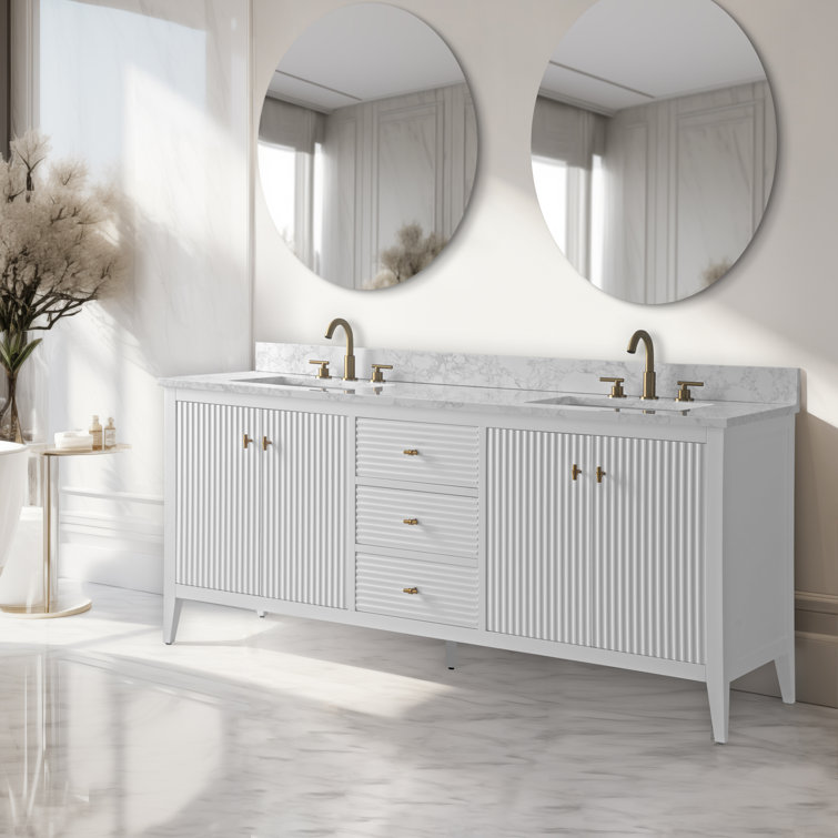 72" Linear White Double Sink Vanity with Golden Brushed Hardware