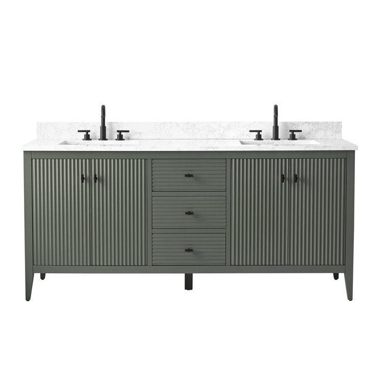 72'' Linear Vintage Green Double Sink Freestanding Bathroom Vanity with Engineered Marble Top