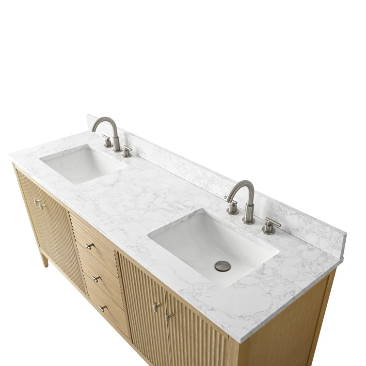 72" Natural Oak Double Sink Vanity with Marble Top