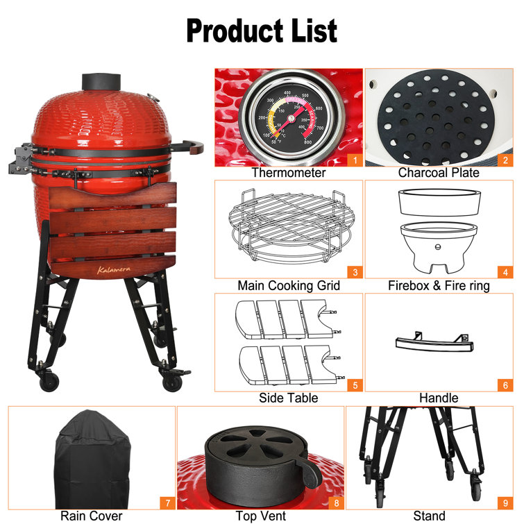 Kalamera 18'' Red Ceramic Kamado Charcoal Grill with Folding Shelves