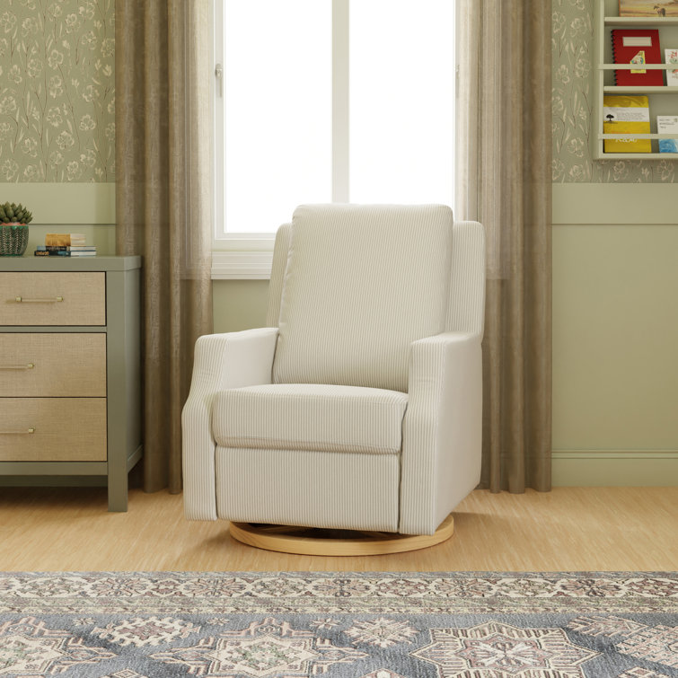 Tan Gingham Velvet Swivel Recliner with Light Wood Base