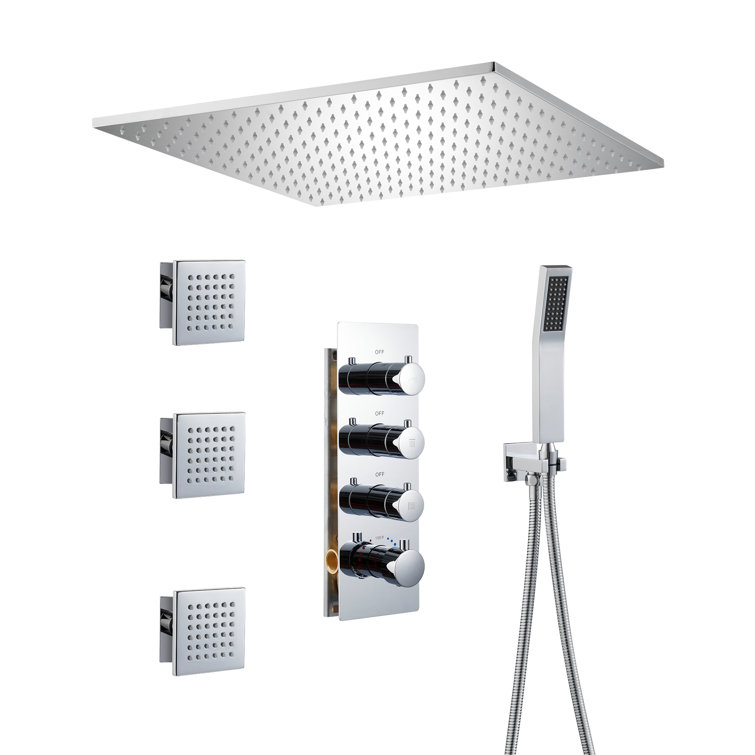 Large Chrome Dual Square Ceiling Mounted Shower System with Body Jets