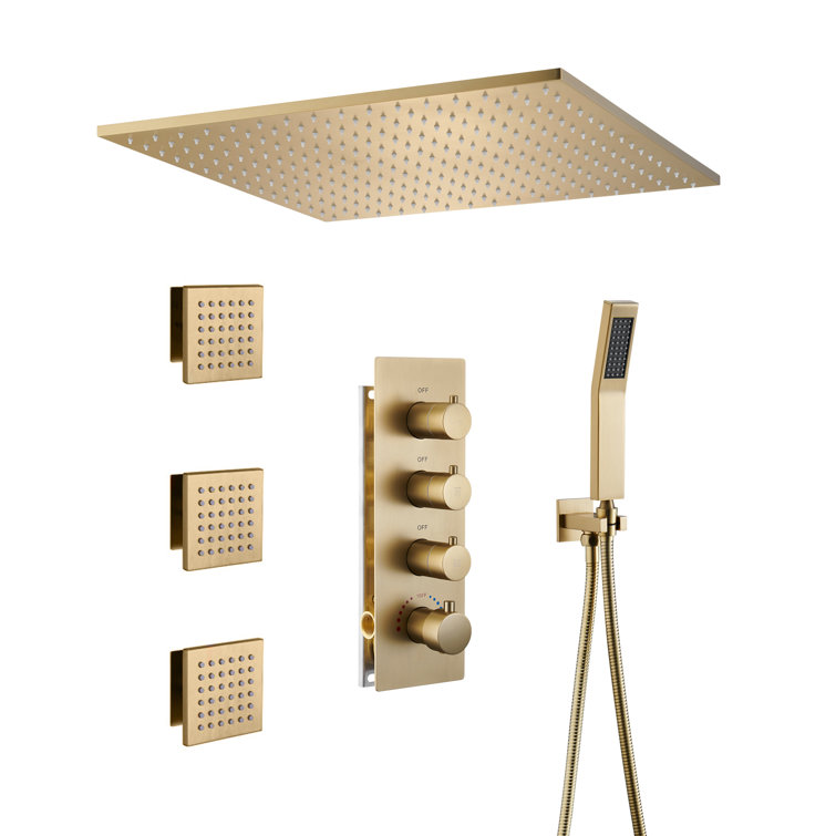 Large Brushed Gold Dual Ceiling Mounted Shower System with Body Jets