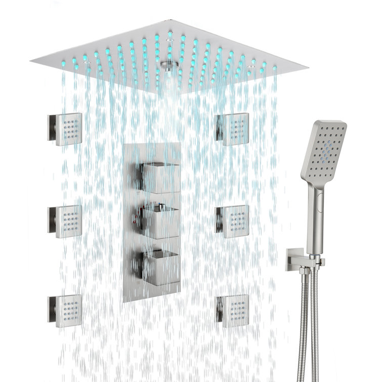 12" Brushed Nickel LED Ceiling Mounted Rainfall Shower System