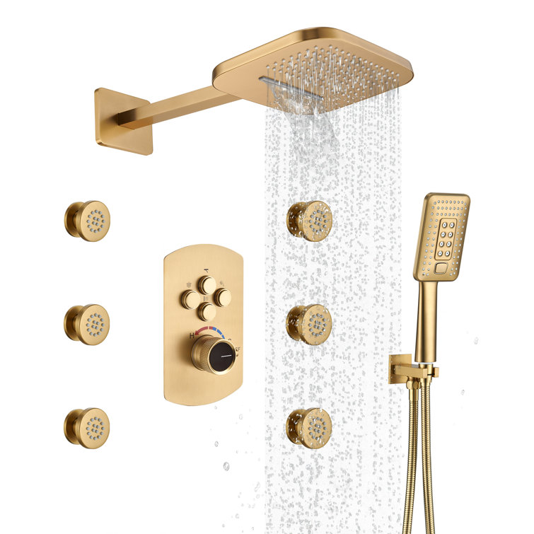 Brushed Gold Dual Square Wall Mounted Shower System with Body Jets