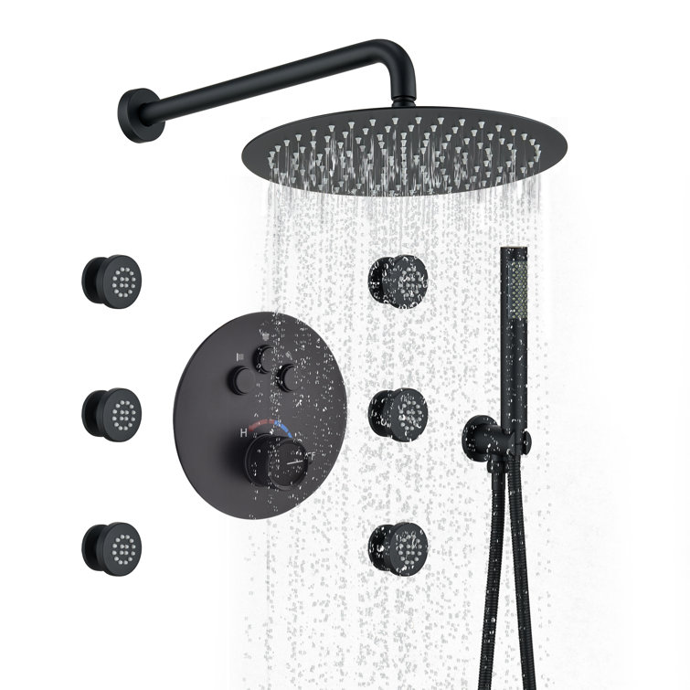 Large Matte Black Dual Rainfall Shower System with 6 Body Jets