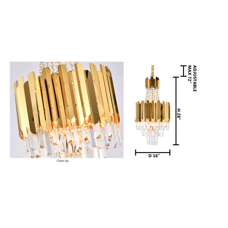 Elegant 16-In Gold Stainless Steel Chandelier with Clear Crystals
