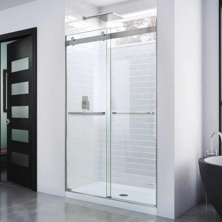 Essence Frameless Clear Glass Sliding Shower Door with Brushed Nickel Hardware