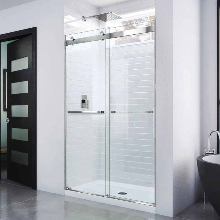 Clear Frameless Sliding Shower Door with Brushed Nickel Hardware