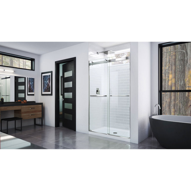 Clear Frameless Sliding Shower Door with Brushed Nickel Hardware