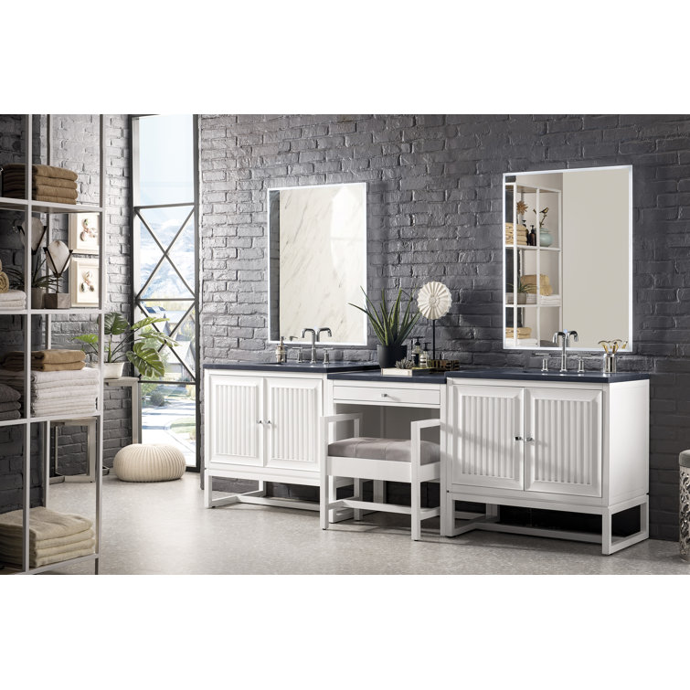 Addison Glossy White Upholstered Bench with Gray Cushion