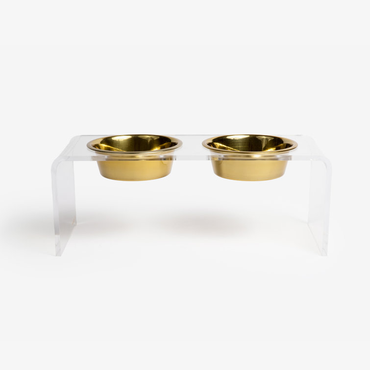 Small Clear Acrylic Double Pet Feeder with Gold Bowls