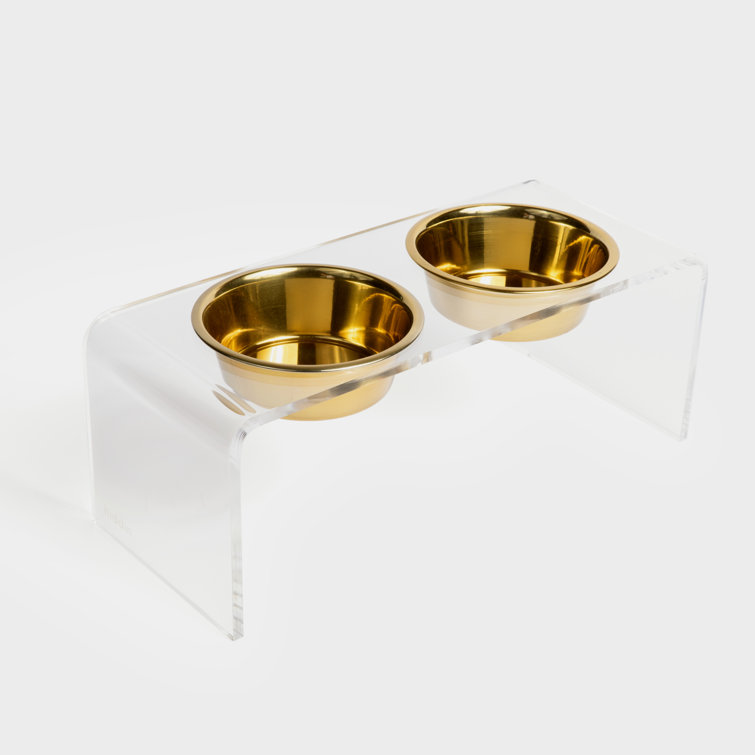 Small Clear Acrylic Double Pet Feeder with Gold Bowls