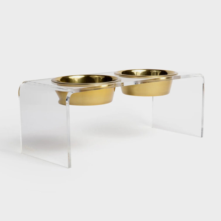 Small Clear Acrylic Double Pet Feeder with Gold Bowls