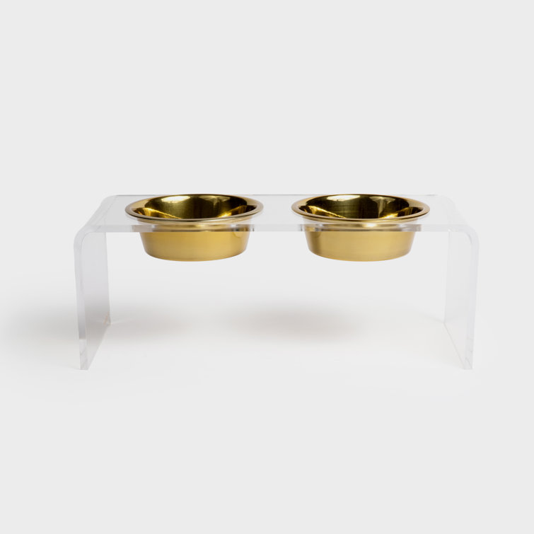 Small Clear Acrylic Double Pet Feeder with Gold Bowls
