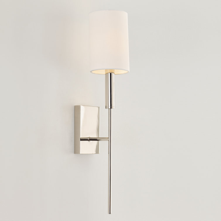 Polished Nickel Iron Wall Sconce with White Linen Shade