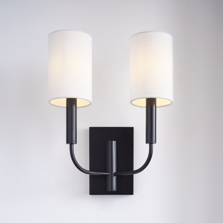 Brianna Aged Iron 2-Light Wall Sconce with White Linen Shade