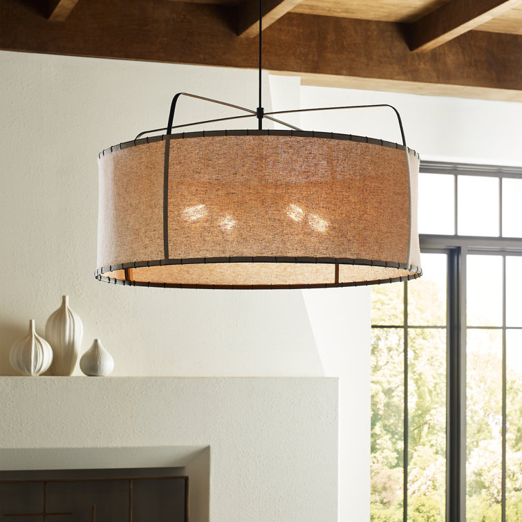 Dunne Aged Iron Drum Pendant with Natural Linen Shade