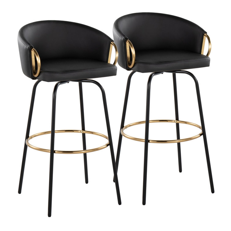 Black Faux Leather and Gold Metal Swivel Bar Stools, Set of 2