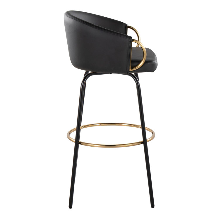 Black Faux Leather and Gold Metal Swivel Bar Stools, Set of 2