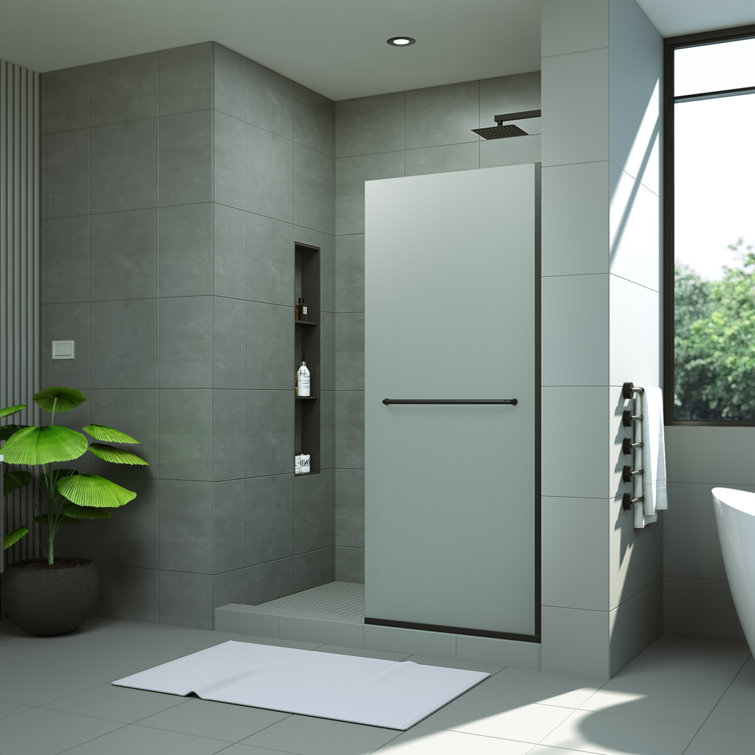 Matte Black Frameless Frosted Tempered Glass Shower Screen with Towel Bar
