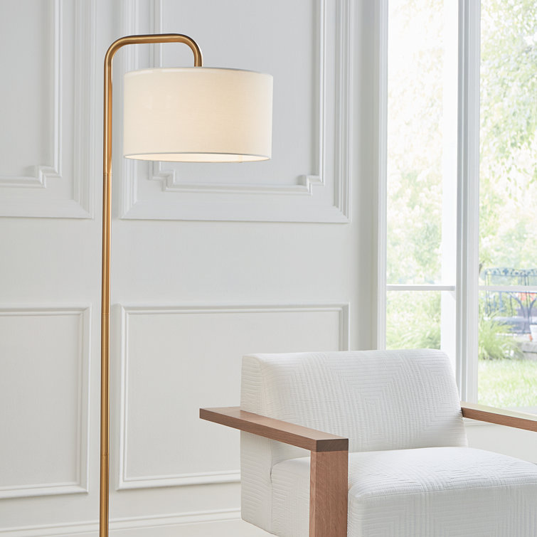 Dean Burnished Brass Outdoor Floor Lamp with White Linen Shade