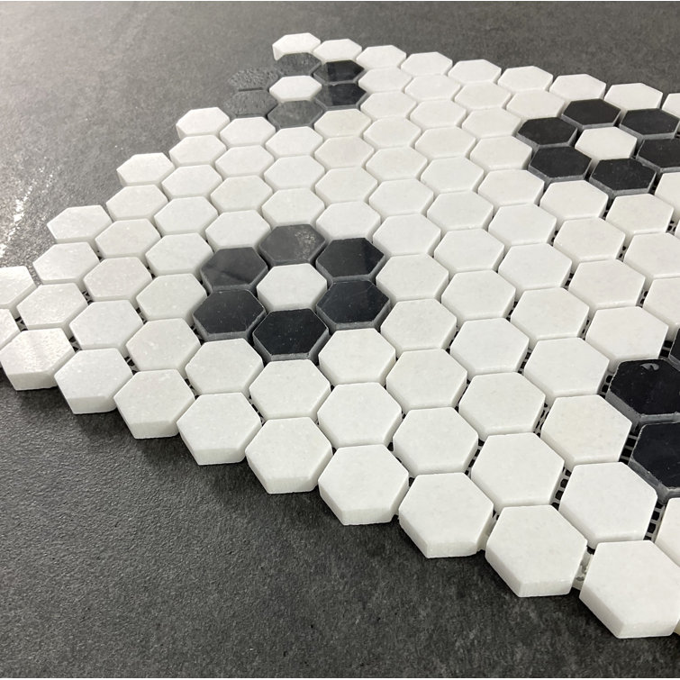 Thassos White and Black Marble Hexagon Mosaic Tile