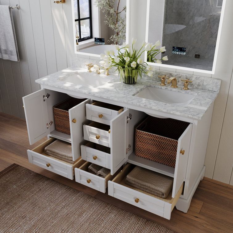 Audrey 60'' White Double Bathroom Vanity with Marble Top and Gold Hardware