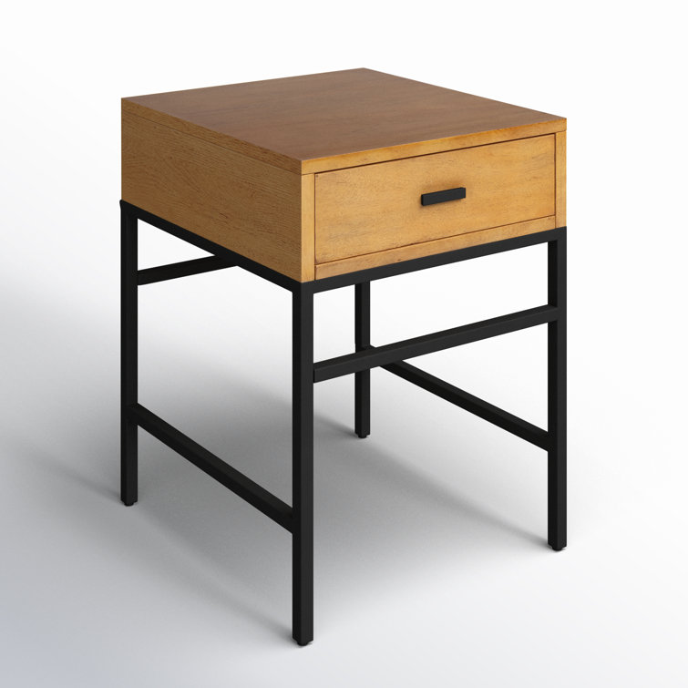 Natural Wood and Black Iron End Table with Drawer