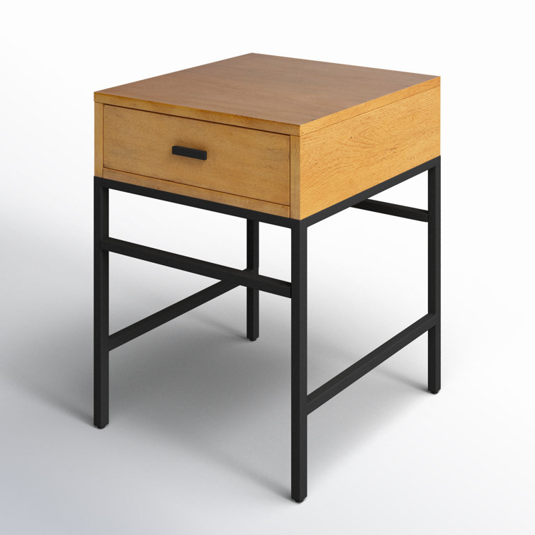 Natural Wood and Black Iron End Table with Drawer