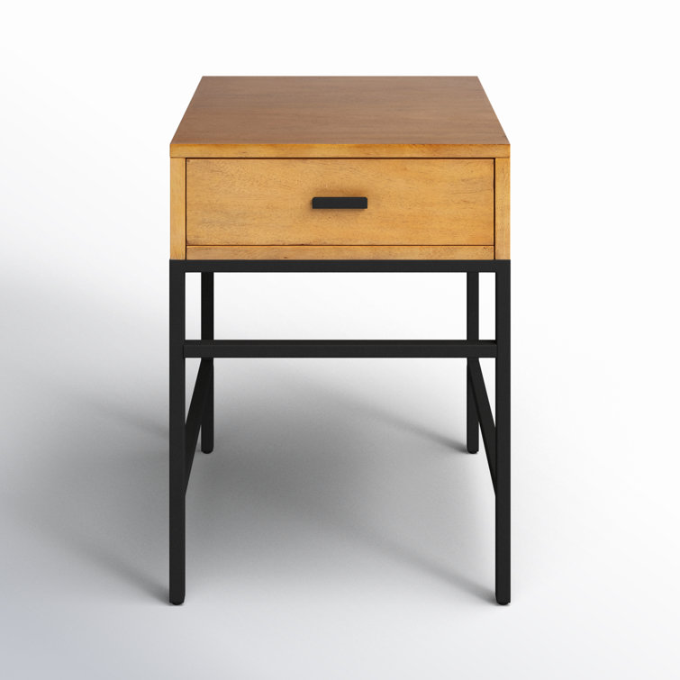 Natural Wood and Black Iron End Table with Drawer