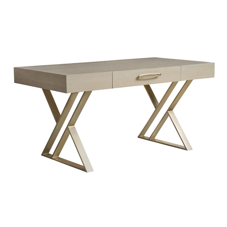 Sandscape White Oak Writing Desk with Drawer and Champagne Accents