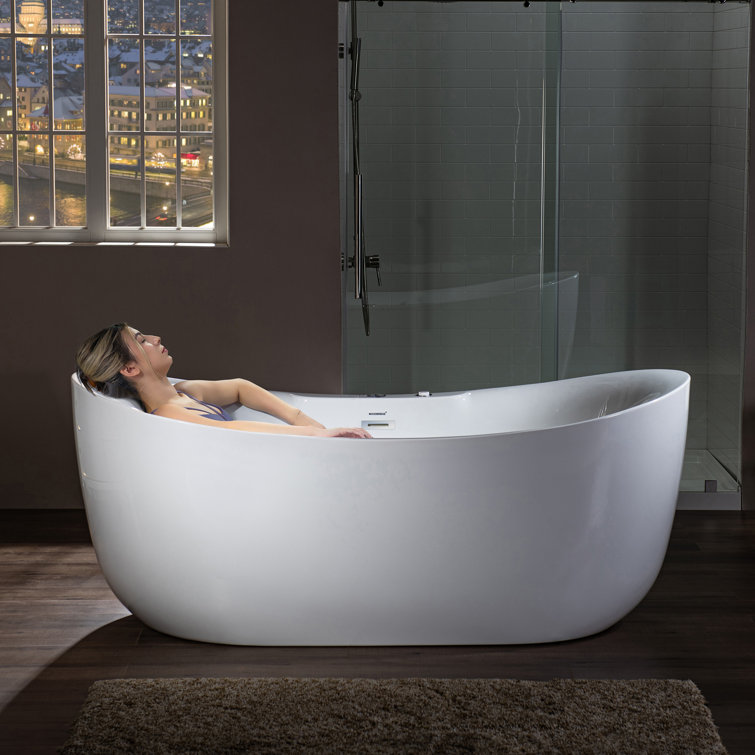 72" White Acrylic Freestanding Heated Soaking Bathtub